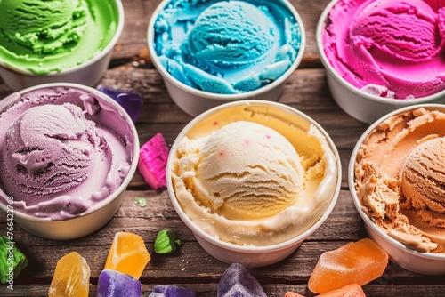 Array of different flavored colorful ice cream in plastic tubs displayed on an old wooden table at an ice cream parlor for delicious frozen snacks on a hot summer day. generative ai. photo
