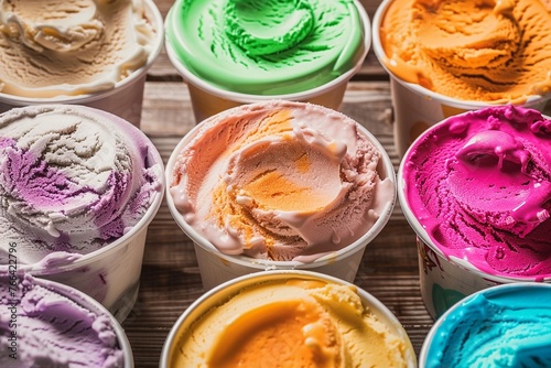 Array of different flavored colorful ice cream in plastic tubs displayed on an old wooden table at an ice cream parlor for delicious frozen snacks on a hot summer day. generative ai. photo