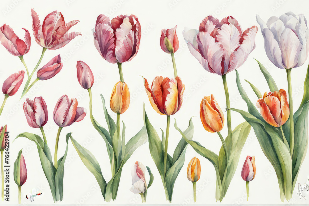 Beautiful portrayal of tulips arranged harmoniously on a pure white backdrop, creating contrast and tranquility. Beautiful portrayal of tulips arranged harmoniously on a pure white backdrop, creating contrast and tranquility.