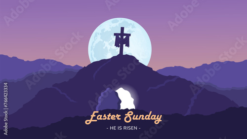 Vector illustration of Easter Sunday with silhouette cross on the hill and moon. Suitable for poster, banner, or background