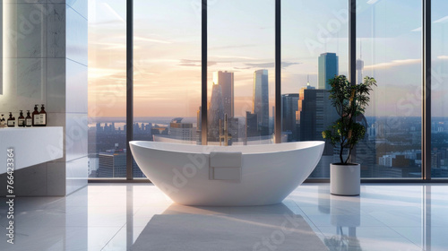 A contemporary bathroom with a freestanding bathtub, floor-to-ceiling windows, and city skyline views