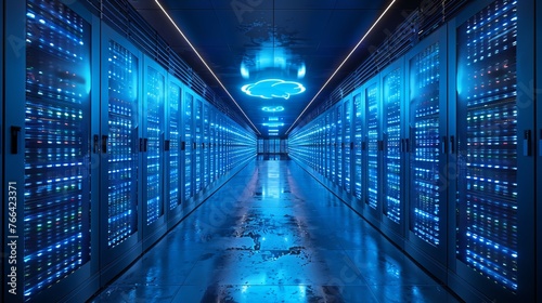 3D rendering of a server room data center with a floating blue cloud icon inside, symbolizing the integration of cloud technology in data management and storage systems.