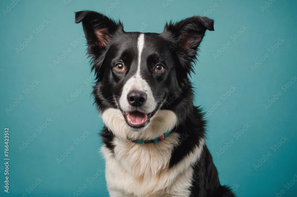 studio portrait of black and white border collie sitting looking forward with big smile mouth open tongue showing against a teal blue background