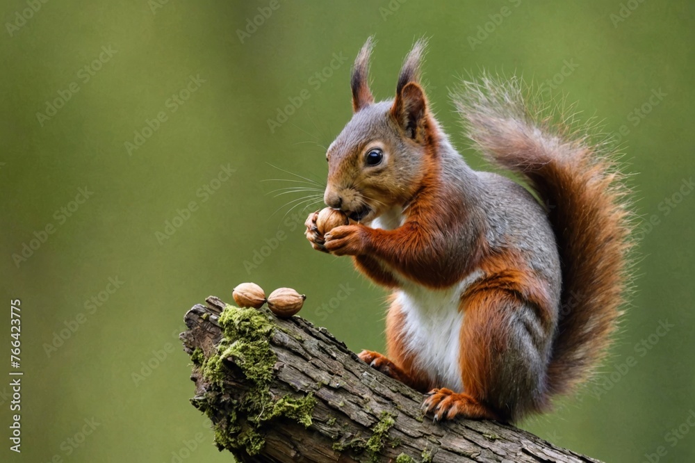 Obraz premium Eurasian Red Squirrel (Sciurus vulgaris), sitting with a hazelnut in its mouth