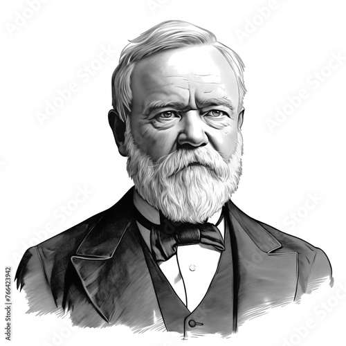 Black and white vintage engraving, close-up headshot portrait of Andrew Carnegie, the famous historical Scottish-American steel industrialist and philanthropist, white background, greyscale photo