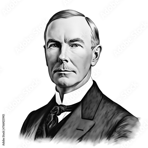 Black and white vintage engraving, close-up headshot portrait of John D. (Davison) Rockefeller Sr, the famous historical American business magnate and philanthropist, white background, greyscale photo