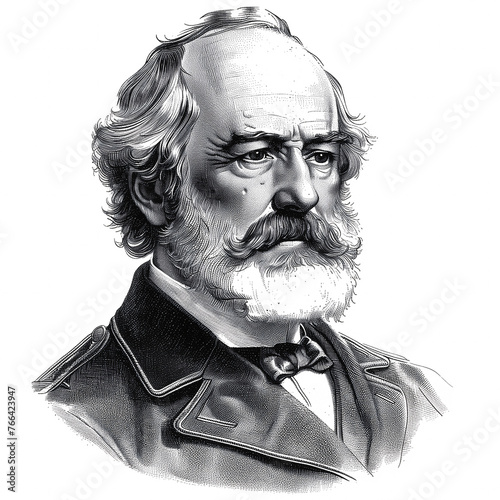 Black and white vintage engraving, close-up headshot portrait of Robert E. (Edward) Lee, the famous historical Confederate general during the American Civil War, white background, greyscale photo
