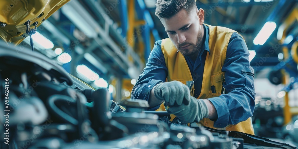 Confident male engineer examining car chassis Confident male engineer examining car chassis