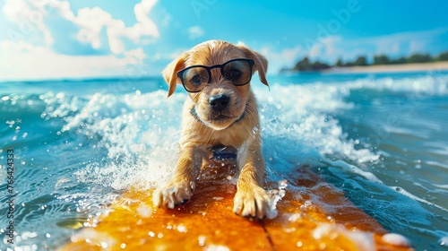 A cute puppy wearing sunglasses surfing on the sea, wide angle lens shot, sunny day, happy and cheerful atmosphere, summer vacation concept