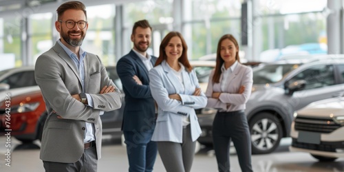 salesteam in dealership, three beautiful consultants or managers in elegant suit looking on camera.
