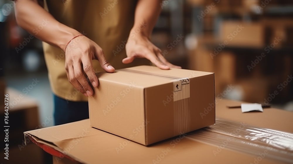 Close-up of a man's hands packing a cardboard box in shop preparing for shipment e-commerce, Logistics, Delivery. Close-up of a man's hands packing a cardboard box in shop preparing for shipment e-commerce, Logistics, Delivery.