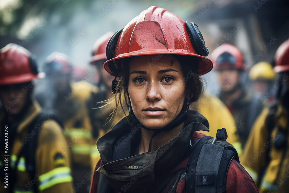 Professional rescuer against burning city background AI generative concept Professional rescuer against burning city background AI generative concept
