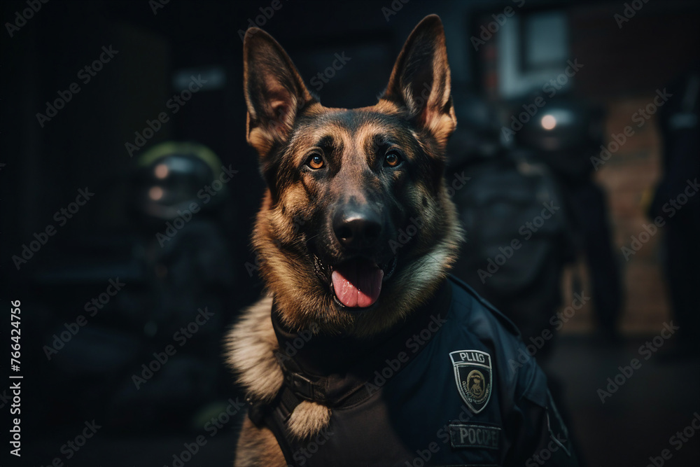 Generative AI image of rescue dog police patrol isolated on dark background Generative AI image of rescue dog police patrol isolated on dark background