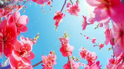 photo of pink flowers in the sky, wide angle, beautiful sunny day, blue background, springtime, cherry blossoms © Worrapol