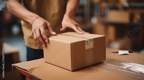 Close-up of a man's hands packing a cardboard box in shop preparing for shipment e-commerce, Logistics, Delivery. photo