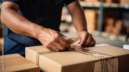 Close-up of a man's hands packing a cardboard box in shop preparing for shipment e-commerce, Logistics, Delivery.