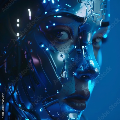 "High Definition Artwork: Dramatic Portrait of Humanoid AI Robot Against Blue Background, Symbolizing Futuristic Technology, Challenges, and Beauty with Intricate Detail"