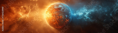 Planet, split between ice and fire energy, aerial perspective, highlighting the stark duality, under a contrasting warm and cool light.