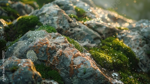 Sunrise Dew Drops on Moss-Covered Rocks Sunrise caresses moss-covered rocks with fresh dew drops, creating a sparkling display in the early morning light.