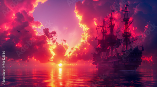 A majestic sailing ship on a reflective ocean against a stunning pink and purple sunset with clouds