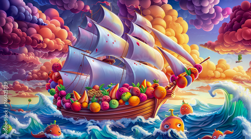 Vibrant, animated ship filled with smiling fruit characters on a wavy ocean under a cloudy, colorful sky © weerasak