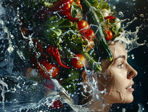 Concept portrait of a woman hairstyle made of vegetables and splashes of water. 
