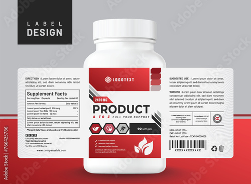 Food supplement multi vitamin label sticker design and medicine bottle jar box packaging.