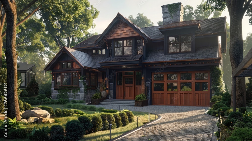 craftsman home exterior with stone path and wooden garage doors, created with generative ai AI generated craftsman home exterior with stone path and wooden garage doors, created with generative ai AI generated