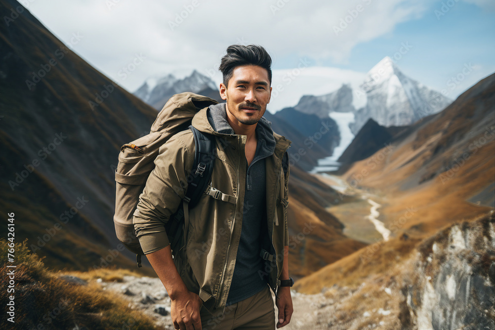 Generative AI image of nice happy man enjoying summer vacation travel Generative AI image of nice happy man enjoying summer vacation travel