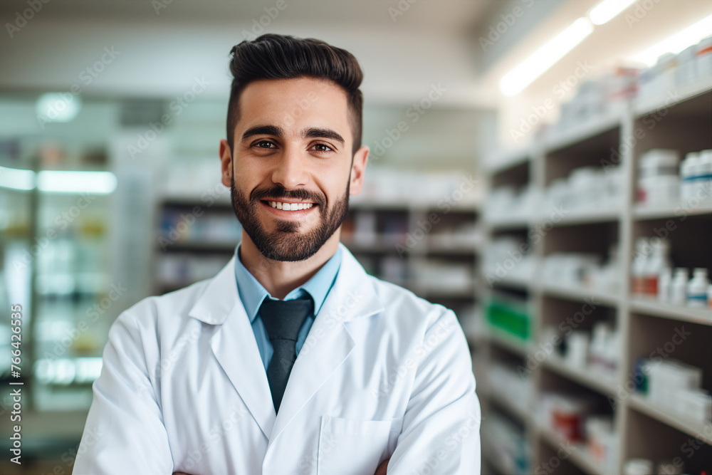 Smiling cheerful confident pharmacist in drugstore store shop Generative AI