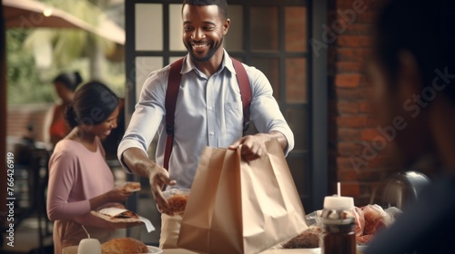 A happy African-American Man, a volunteer, distributes food in paper bags to poor people, refugees. Food Bank, Donations, Social Assistance to those in Need, Charity Organization, Free Food concepts.