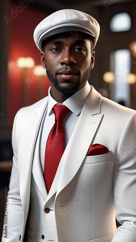 Black man dressed in a stylish white suit with a red tie and handkerchief, wearing a white cap, posing confidently with a blurred urban background, his expression is serious and professional
