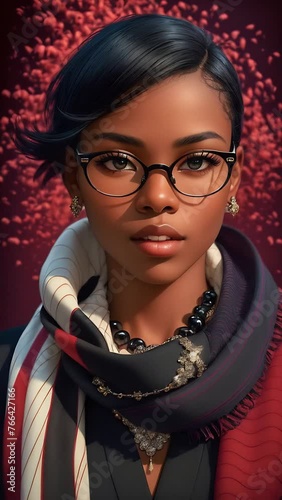 Young Black woman with stylish short black hair and glasses, wearing a scarf and fashionable attire, in front of a red textured background