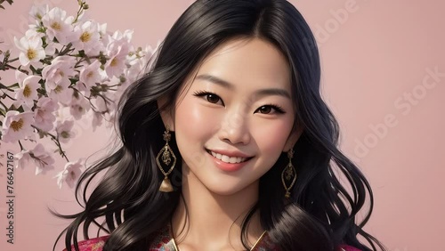 Portrait of a smiling Asian young woman with long black wavy hair, on pink background