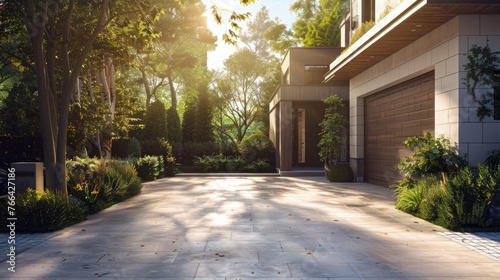 Entrance of a luxury house with a garage on a bright, sunny day. Home exterior.