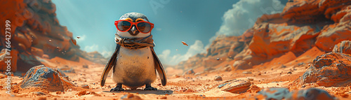 A penguin wearing sunglasses stands on a rocky beach. The scene is bright and sunny, with the penguin looking up at the camera photo
