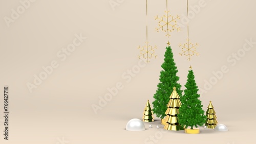 Minimalist Christmas Scene With Gold Decorations and Green Trees on Beige Background — Copy Space Available | Elegant minimalist Christmas composition featuring green holiday trees, gold-accented 
