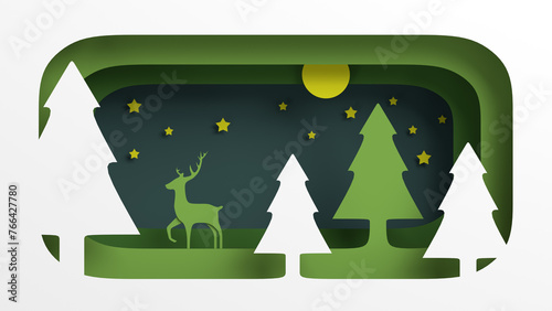 Paper-Cut Winter Forest Scene With Reindeer and Stars  Modern Christmas Illustration | Stylized paper-cut illustration of a winter forest at night, featuring layered green and white trees, a reindeer 
