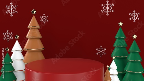 Christmas Holiday Podium Background With 3D Trees and Snowflakes — Festive Winter Display | Festive 3D-rendered Christmas background featuring a red display podium surrounded by stylized holiday trees