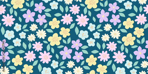 Seamless pattern with vivid blooming spring flowers on dark background. Spring summer pastels background