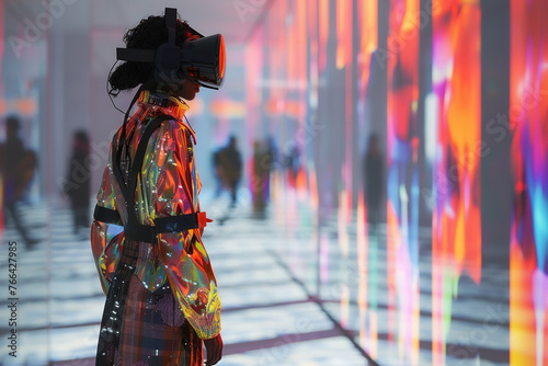 High-resolution Digital Fashion Illustrations, capturing the essence of future wearables and avant-garde styles, presented in a virtual exhibition space with interactive viewing options
