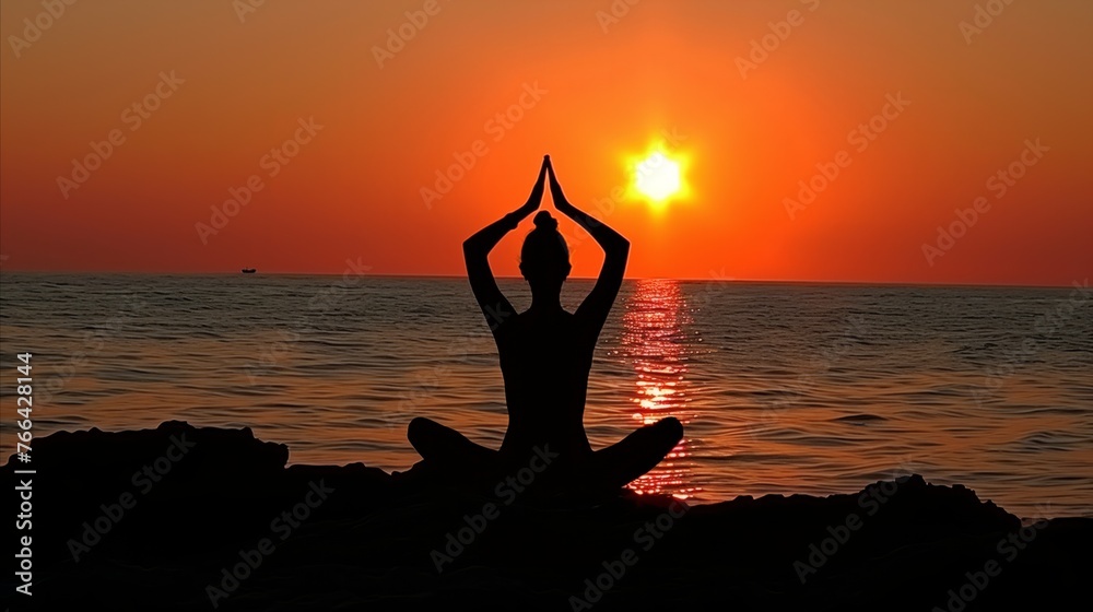 Serene Sunset Yoga Pose by the Sea