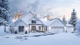 Home exterior with white walls gabled roofs and two glass paned garage doors. House views on a snowy residential landscape in winter.