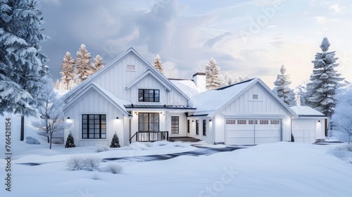 Home exterior with white walls gabled roofs and two glass paned garage doors. House views on a snowy residential landscape in winter.