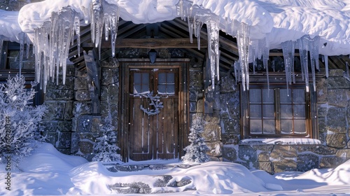 Home exterior with wood wnd stone wall under snowy roof with huge sharp icicles. Front door, transom window, and snoed in hill can also be seen in this winter scenery photo