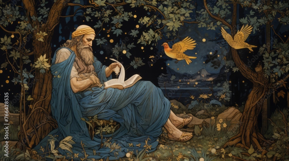 A man is sitting under a tree reading a book. Two birds are flying in the background. The scene is peaceful and serene