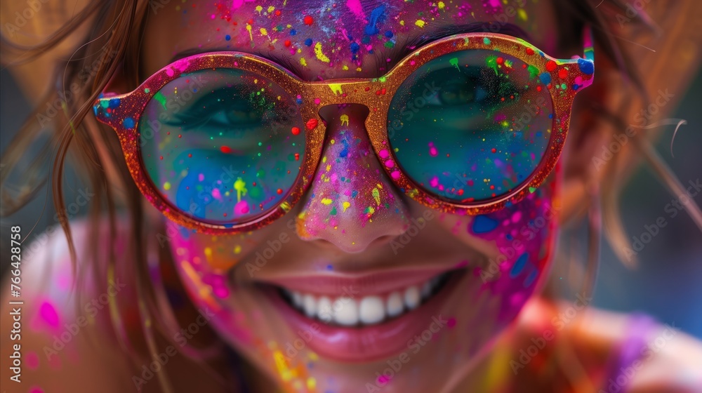 Colorful Holi Celebration Close-Up of a Joyful Woman Wearing Sunglasses