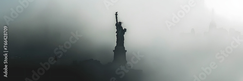 Statue of Liberty silhouette in mist, iconic landmark. 