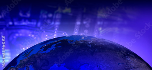 Fototapeta Naklejka Na Ścianę i Meble -  Planet earth near computer board. PCB background. Globe fragment. Horizontal cyber background. Computer board with neon glow. Cyber backdrop. 3d image planet earth, elements from nasa