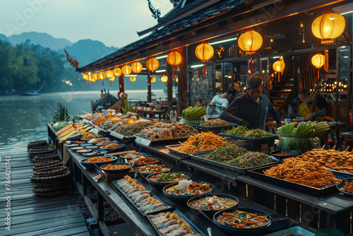 Street food market scene showcasing an array of traditional dishes served in large pots, capturing the essence of local cuisine..